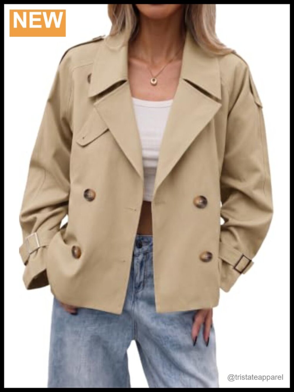 Womens Cropped Trench Coat Double Breasted Relaxed Fit Fall Jacket